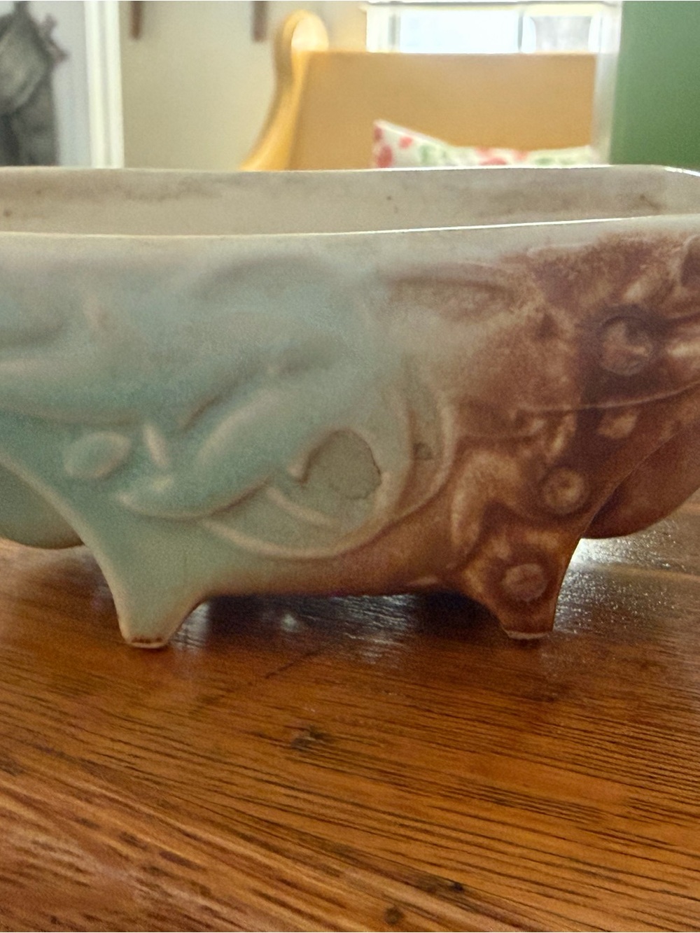 Mccoy Aqua and Brown Footed Ceramic Planter with Embossed Motif
